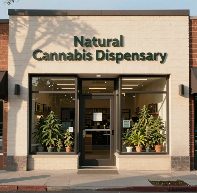 Warm eye-level photograph of the Natural Cannabis Dispensary physical storefront at 926 Sligo Avenue, soft morning sunlight casting gentle shadows on the clean brick facade, inviting entrance.