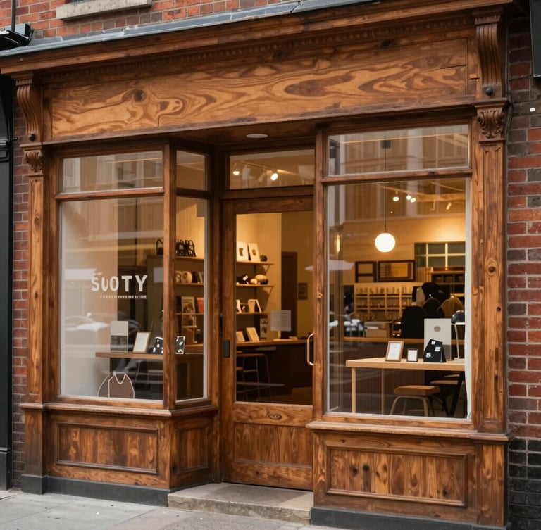 Eye-level medium shot of a warm, welcoming brick-and-mortar storefront on Sligo Avenue with wooden framing and soft ambient indoor light visible through the clean windows.