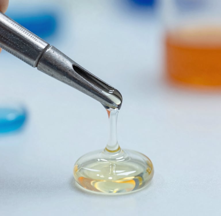 Macro close-up of clear high-viscosity liquid polymer resin being poured in a bright laboratory environment, crisp steel tools, deep blue and safety-orange reflections, shallow depth of field