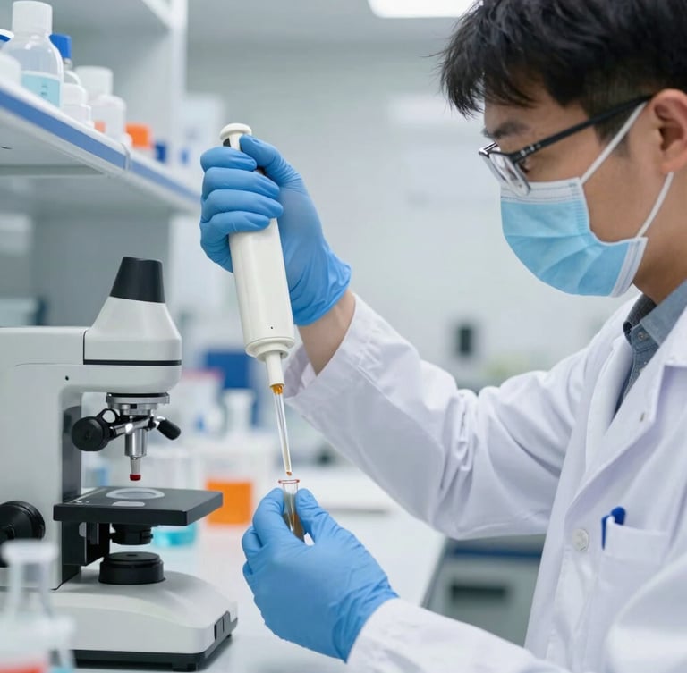 A professional chemist in a clean modern laboratory, using high-precision pipettes and testing equipment to analyze liquid resin viscosity, bright blue accents