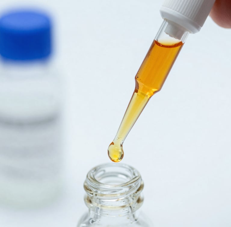 Macro close-up of amber liquid resin being tested with a precision laboratory pipette under bright high-key light, clean sterile background