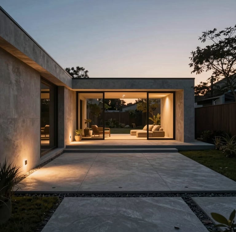 hyper-realistic architectural 3D render of a modern minimalist backyard at twilight, concrete pavers, integrated soft lighting, 35mm cinematic