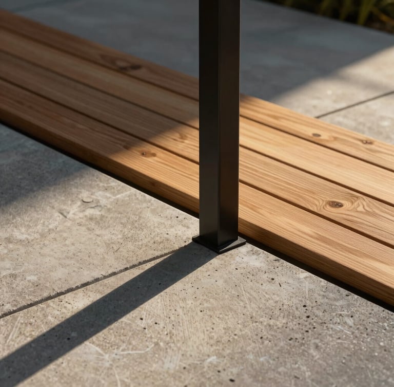 Hyper-realistic architectural 3D render of premium outdoor materials, close-up shot of raw concrete pavers meeting minimalist black steel posts and warm cedar wood slats, dramatic golden-hour sunlight casting long shadows, cinematic editorial style, 35mm.