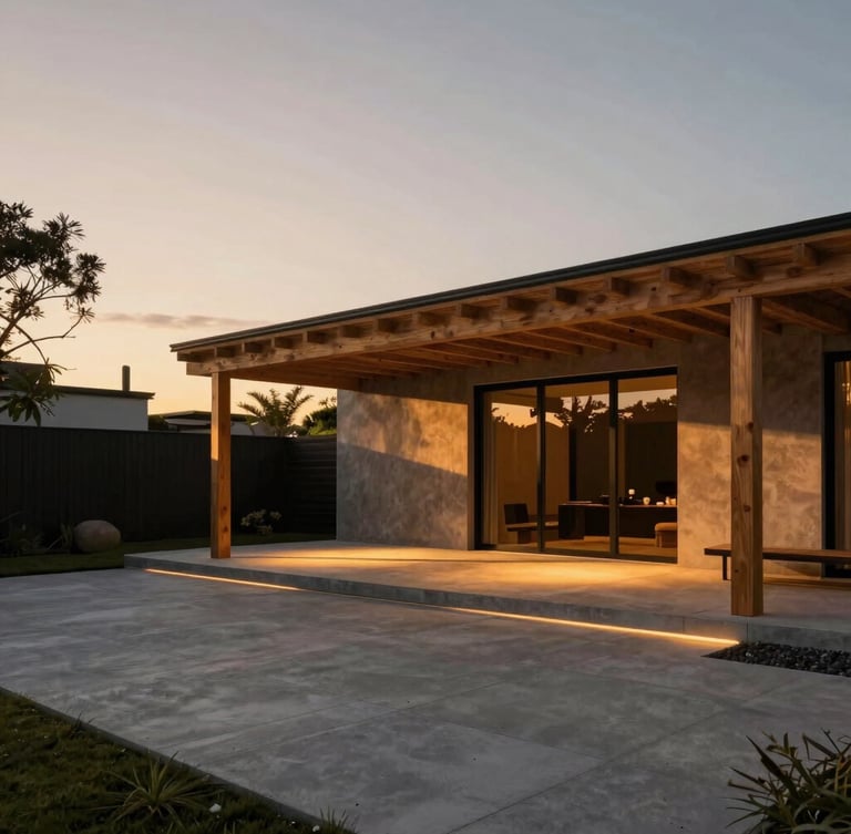 Wide-angle architectural 3D render of a modern minimalist backyard at golden hour, cedar pergola, concrete pavers, integrated warm lighting, cinematic 35mm