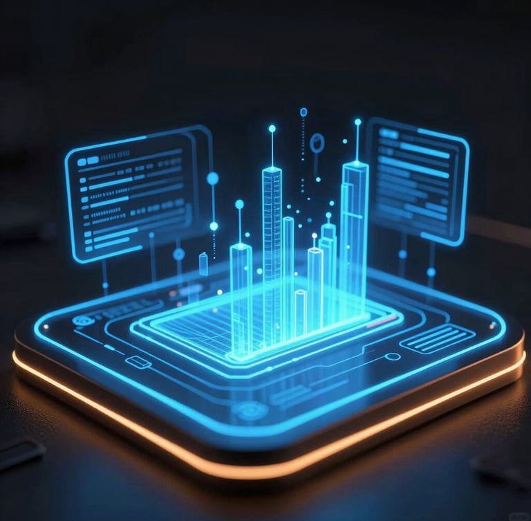 Macro shot of a glowing neon-blue digital interface, 3D holographic data nodes projecting volumetric charts, dark obsidian background, high contrast studio lighting with amber edge-glows.