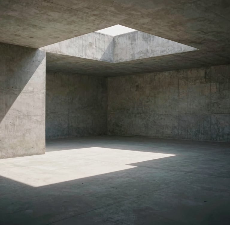Orthogonal architectural elevation of an empty concrete gallery space, harsh natural light casting deep geometric shadows across raw plaster walls, 35mm tilt-shift lens.
