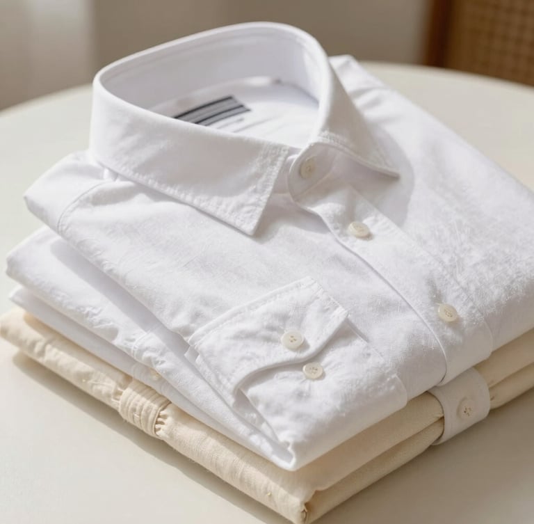 A neatly folded stack of freshly pressed white and cream linen shirts in premium bespoke packaging, soft morning light, editorial styling