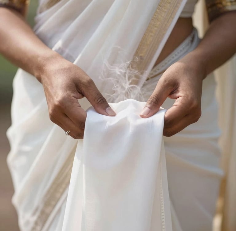 Macro shot of professional hands steaming a fine white silk saree, soft golden daylight, shallow depth of field, premium editorial photography