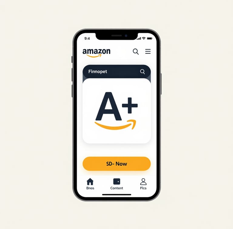 Crisp digital product mockups showing a smartphone screen with optimized Amazon A+ Content, bright studio lighting, clean off-white background.