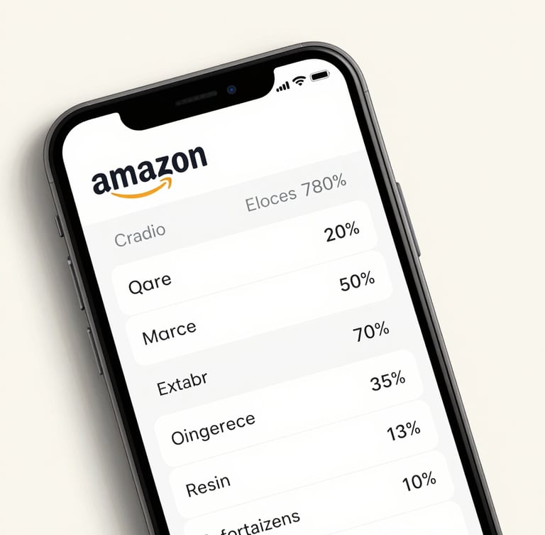 A close-up vertical mockup of a mobile phone showing a beautifully formatted Amazon comparison chart, clean typography, soft shadow