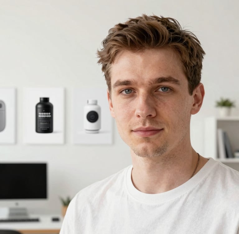 Close-up portrait of David Schulz, a professional designer in his late 20s, in a bright studio workspace with soft natural light, looking confident, clean off-white background.