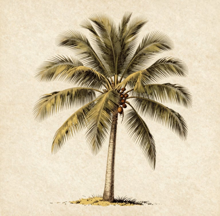 Vintage botanical engraving of Cocos nucifera palm tree, detailed scientific lines, aged cream paper background, soft natural parchment tones