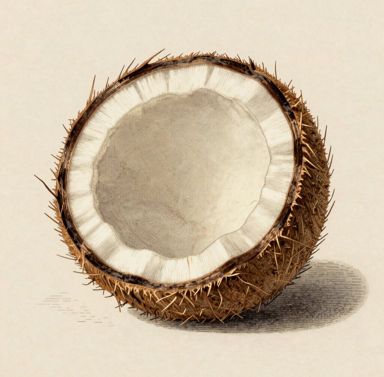 Detailed botanical engraving of Cocos nucifera displaying the inner endosperm and fibrous husk, vintage style on aged paper, soft natural lighting