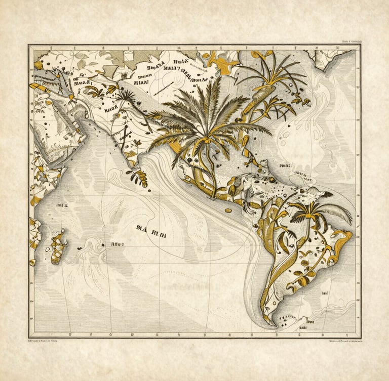 Antique botanical map engraving showing the tropical oceans and maritime currents, vintage khaki ink style on aged parchment