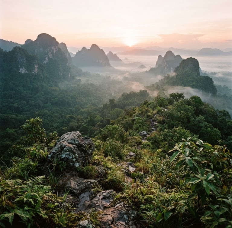 Mist-shrouded peaks of Khao Yai National Park at dawn, expansive valley view, warm editorial photography, soft morning mist, forest green and stone grey tones, shallow depth of field, 35mm