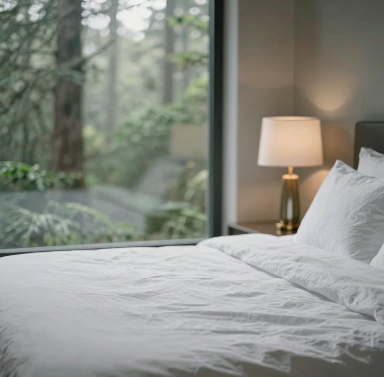 Portrait shot of an elegantly furnished bedroom with crisp white linen and a subtle gold accent lamp, diffused natural light, forest green and stone grey tones, shallow depth of field, 35mm