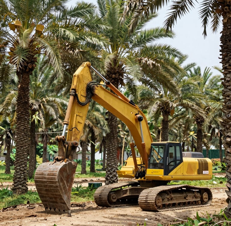 Low-angle heroic shot of a heavy excavator clearing land on a structured plantation site, high-contrast morning sunlight, sharp industrial details