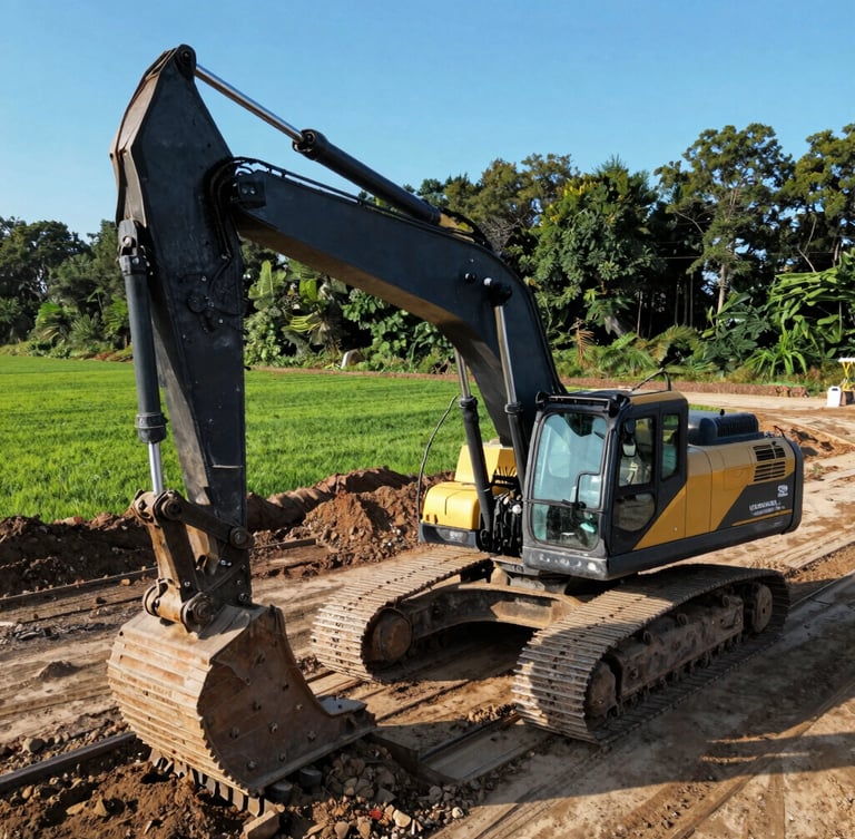 Low-angle heroic shot of a heavy excavator operating in a clean, structured land-clearing site, high-contrast morning sunlight highlighting machinery contours.