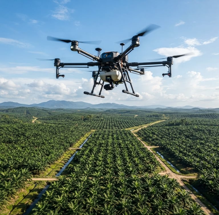 Low-angle sharp industrial photography of an agricultural drone hovering over a vast, structured palm oil plantation in Sumatra during bright morning daylight.