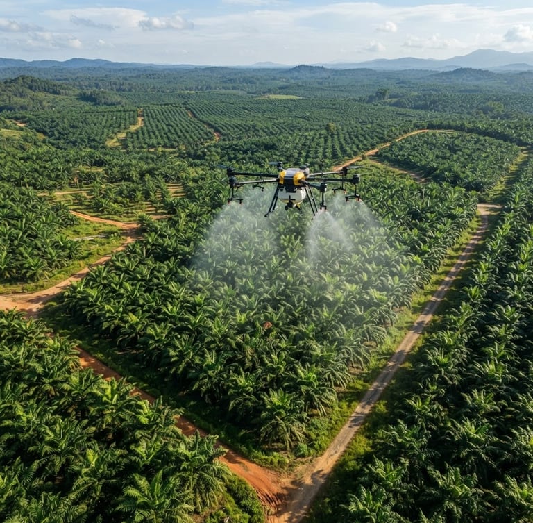 Wide aerial view of an industrial agricultural drone spraying a lush green palm oil plantation in Sumatra, bright morning sunlight, high-detail industrial photography