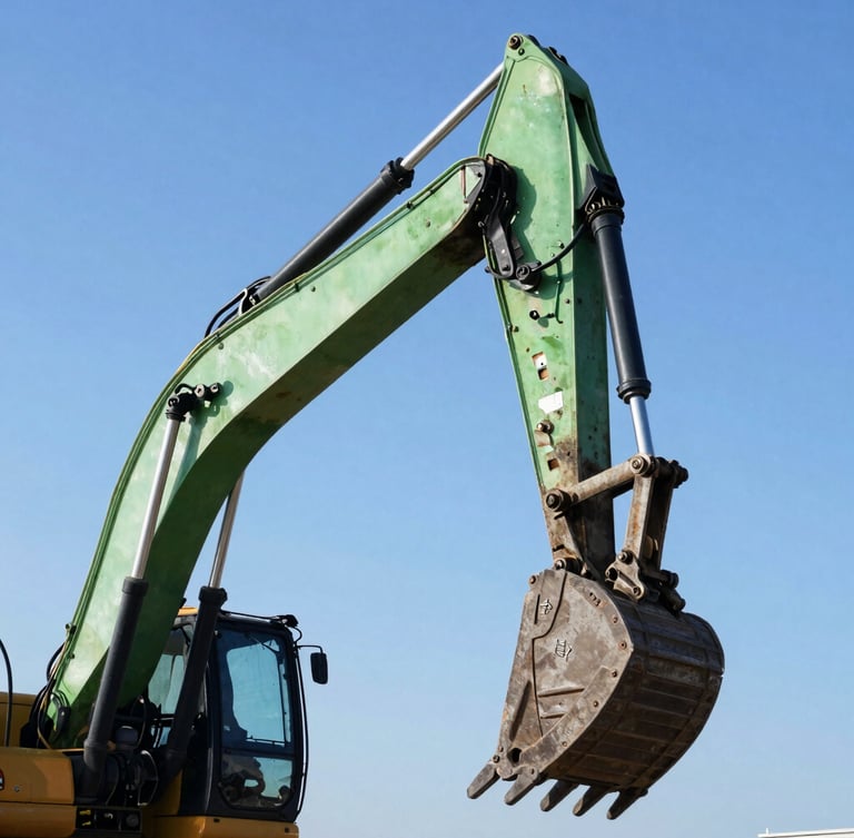 Low-angle portrait shot of a heavy excavator arm operating under bright daylight, high-contrast machinery contours, blue sky