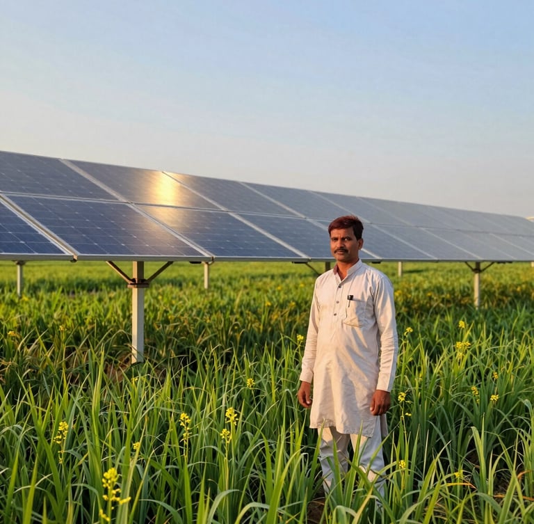 Wide environmental shot of a proud Indian farmer standing in a lush green mustard field next to a newly installed solar panel array, golden hour sunlight reflecting off the panels, clear sky background.