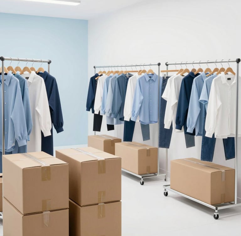 Wide shot of a modern, brightly lit garment dispatch bay with neatly packed cardboard shipping boxes and organized clothing racks, clean white and soft blue tones.