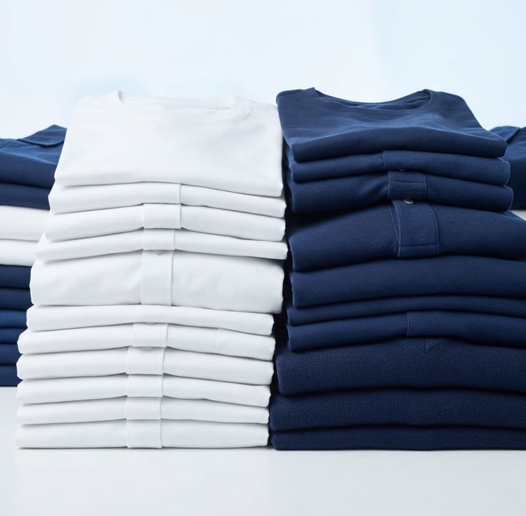 Bright commercial product photography of neatly folded garment stacks in crisp white and navy tones, studio lighting, high detail, 50mm