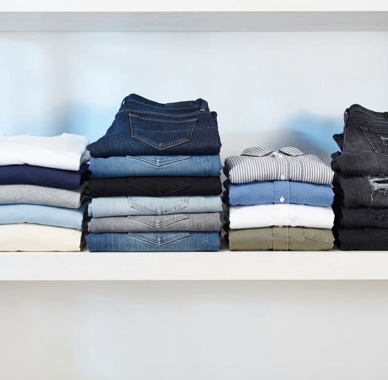 Bright commercial product photography of neatly folded stacks of denim jeans and cotton shirts on a clean white shelf, soft blue shadows, 50mm lens