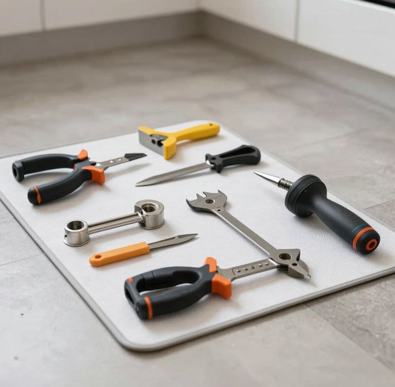 Professional tools neatly arranged on a protective work mat on a clean kitchen floor, close-up, natural domestic light, sharp focus