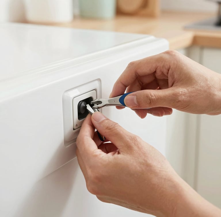 Close-up of clean hands repairing an appliance control panel with tools, bright natural home lighting, realistic domestic kitchen, sharp focus