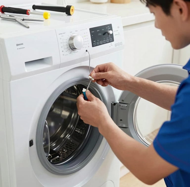 Professional technician hands repairing a clean modern washing machine control panel with tools nearby, bright home lighting, realistic domestic laundry room
