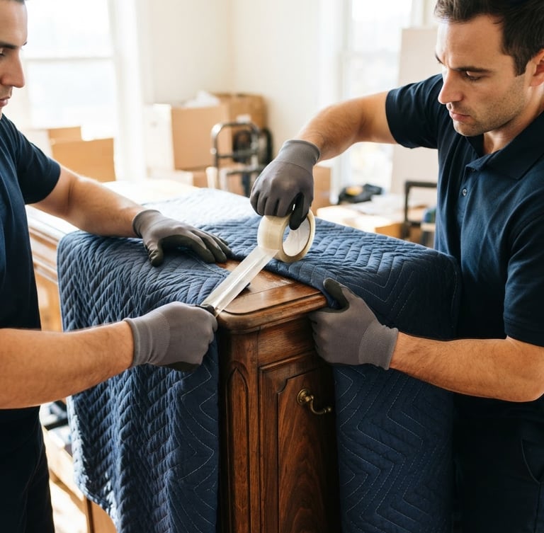 Close-up of professional movers carefully wrapping a wooden cabinet with heavy-duty protective padding and tape, bright daylight, high contrast