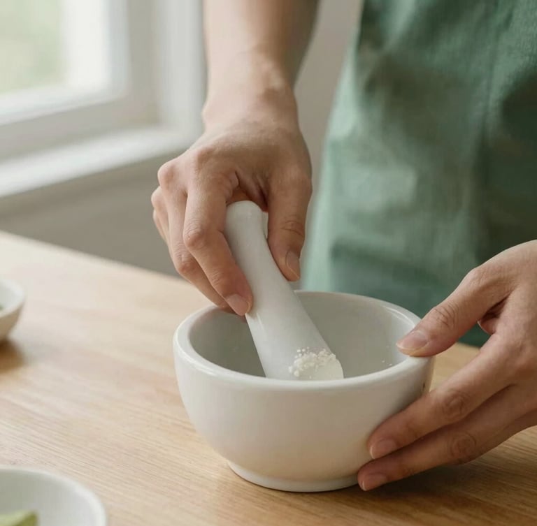 Close-up of hands carefully blending ingredients in a white ceramic mortar and pestle on a clean wooden table, soft window light, rich gentle green and cream tones.