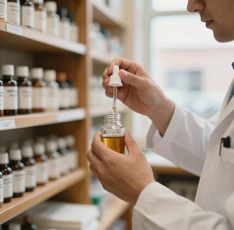 Close-up of a pharmacist in a warm-lit neighborhood apothecary, carefully preparing a custom compounding recipe, shallow depth of field, 35mm