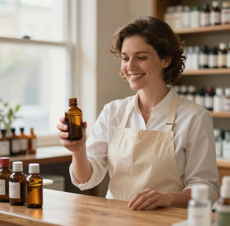 A warm, natural light photograph of a smiling pharmacist in a clean cream apron behind a wooden apothecary counter, holding an amber glass bottle, 35mm editorial style, shallow depth of field.
