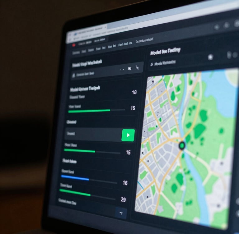 Macro close-up of a high-fidelity UI dashboard showing model citation rates, vector maps, and dark ambient background with sharp green glow