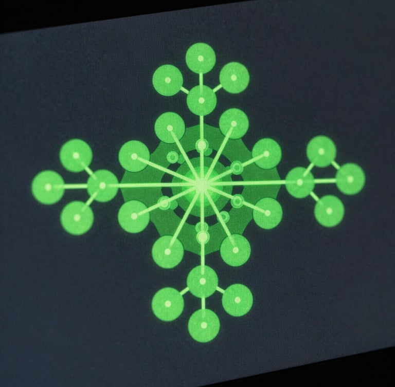 Macro close-up of a high-fidelity vector map showing node clusters and citation pathways on a dark charcoal terminal screen, illuminated by a sharp green glow.