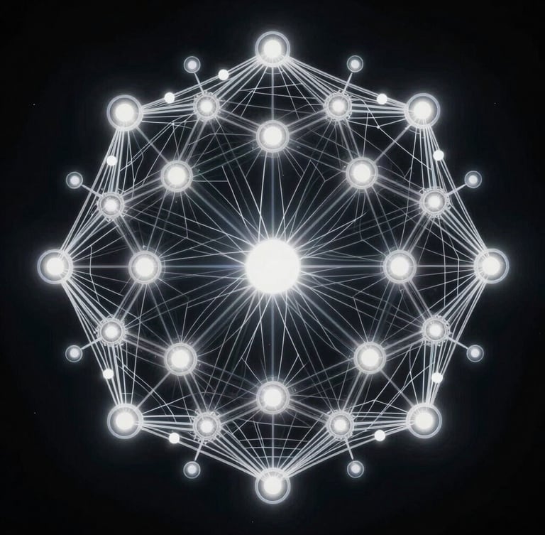 Abstract vector map showing clustered nodes and citation pathways, high-contrast digital glow with dark ambient background, sharp focused light sources.