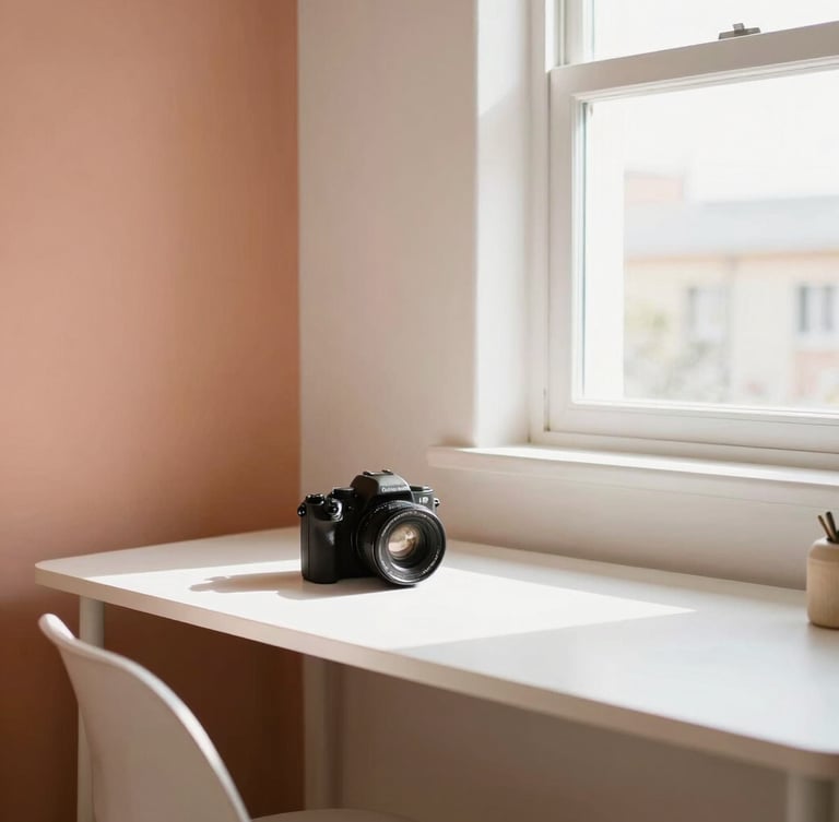 Bright and airy double-sharing room with warm terracotta accents, natural window light streaming across a clean study desk, 35mm lens