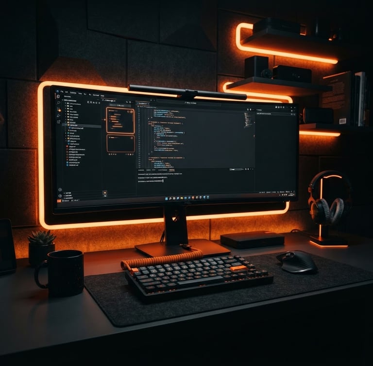 Sleek modern workspace setup, cinematic dark-mode tech photography, dramatic orange neon backlighting, high-contrast graphite tones, sharp focus, 35mm lens