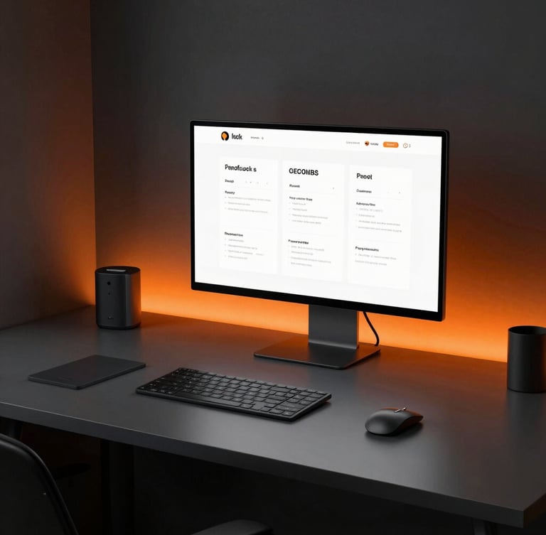 Sleek modern workspace with high-contrast graphite desk, orange accent lighting, clean responsive screen mockup, and custom branded stationery