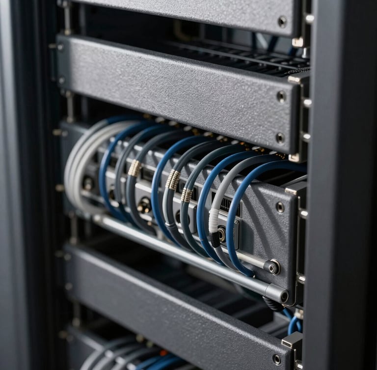 Tight macro shot of clean, structured server rack cabling, cool daylight casting sharp geometric shadows on slate gray metal, high technical precision.