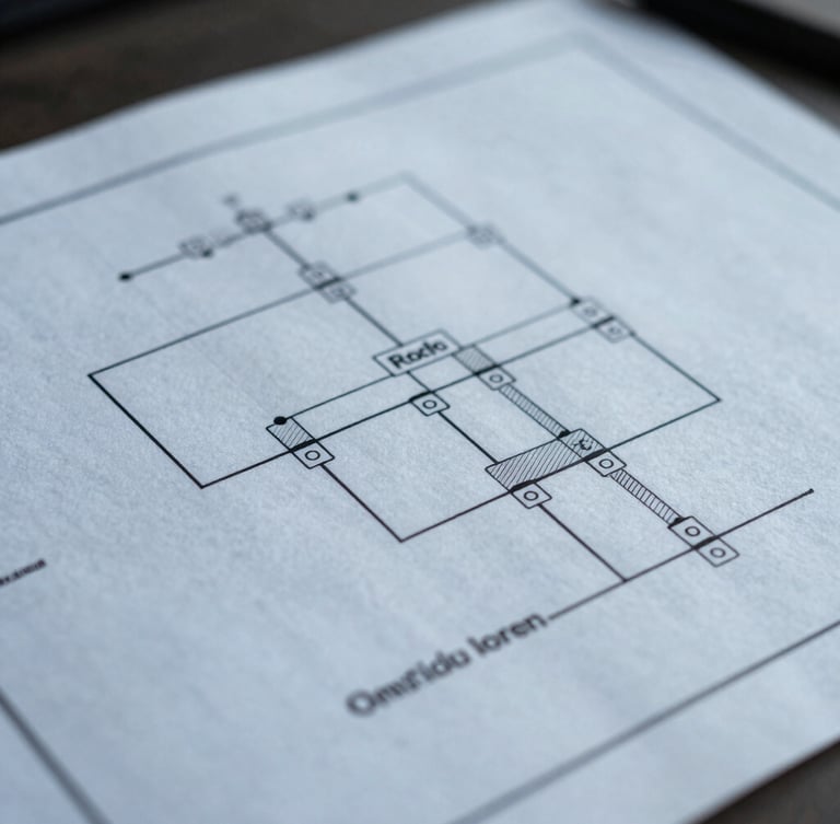 A crisp macro photograph of a structured system architecture diagram printed on technical blueprint paper, cool daylight, sharp lines, no text