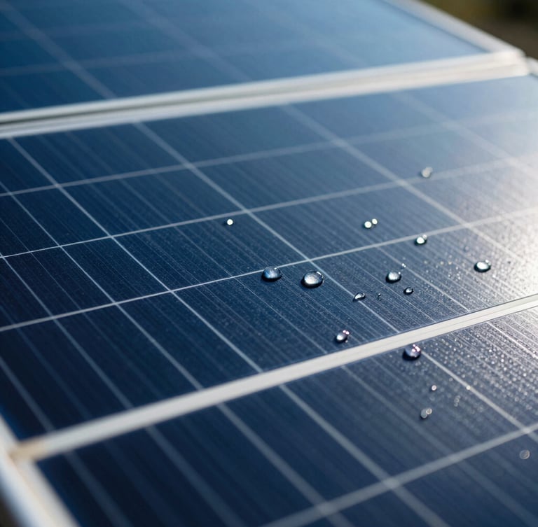Extreme close-up of a solar panel treated with hydrophobic coating, water droplets sliding off perfectly under bright cool sunlight, deep shadows, 35mm