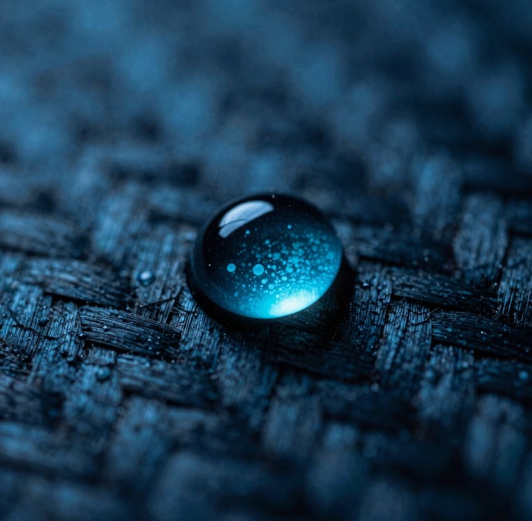 Extreme macro close-up of a water droplet suspended on a treated carbon fiber weave, high-contrast cool studio lighting, sharp highlights, electric cyan undertones, 35mm.