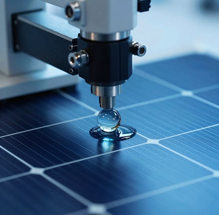 A clean-room laboratory environment with a high-precision goniometer measuring the contact angle of a perfect liquid sphere on a coated solar panel, cool-toned lighting, sharp focus.