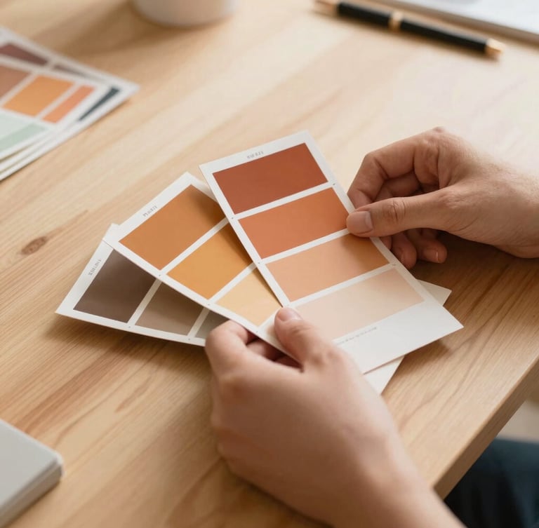 Close-up of hands arranging painted color swatches in terracotta and ochre tones on a light wooden table, natural daylight, 35mm