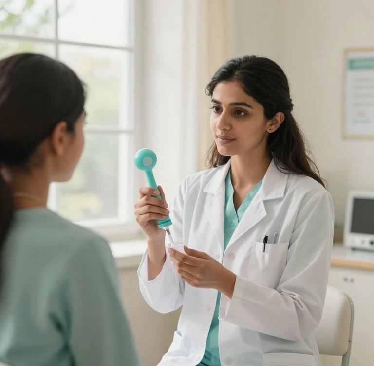 Medium environmental shot of Dr. Reema Salve demonstrating a hygiene tool to a patient in a bright, modern clinic room, soft natural daylight filtering through a window, shallow depth of field.