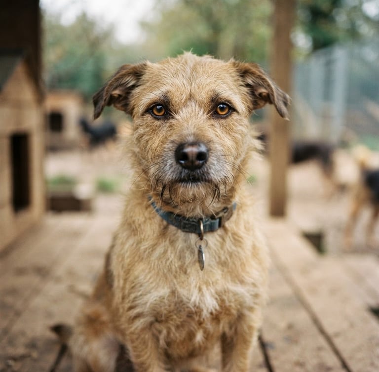 Intimate eye-level photo of a rescue dog looking directly into the camera, warm muted tones, natural overcast daylight, shallow depth of field
